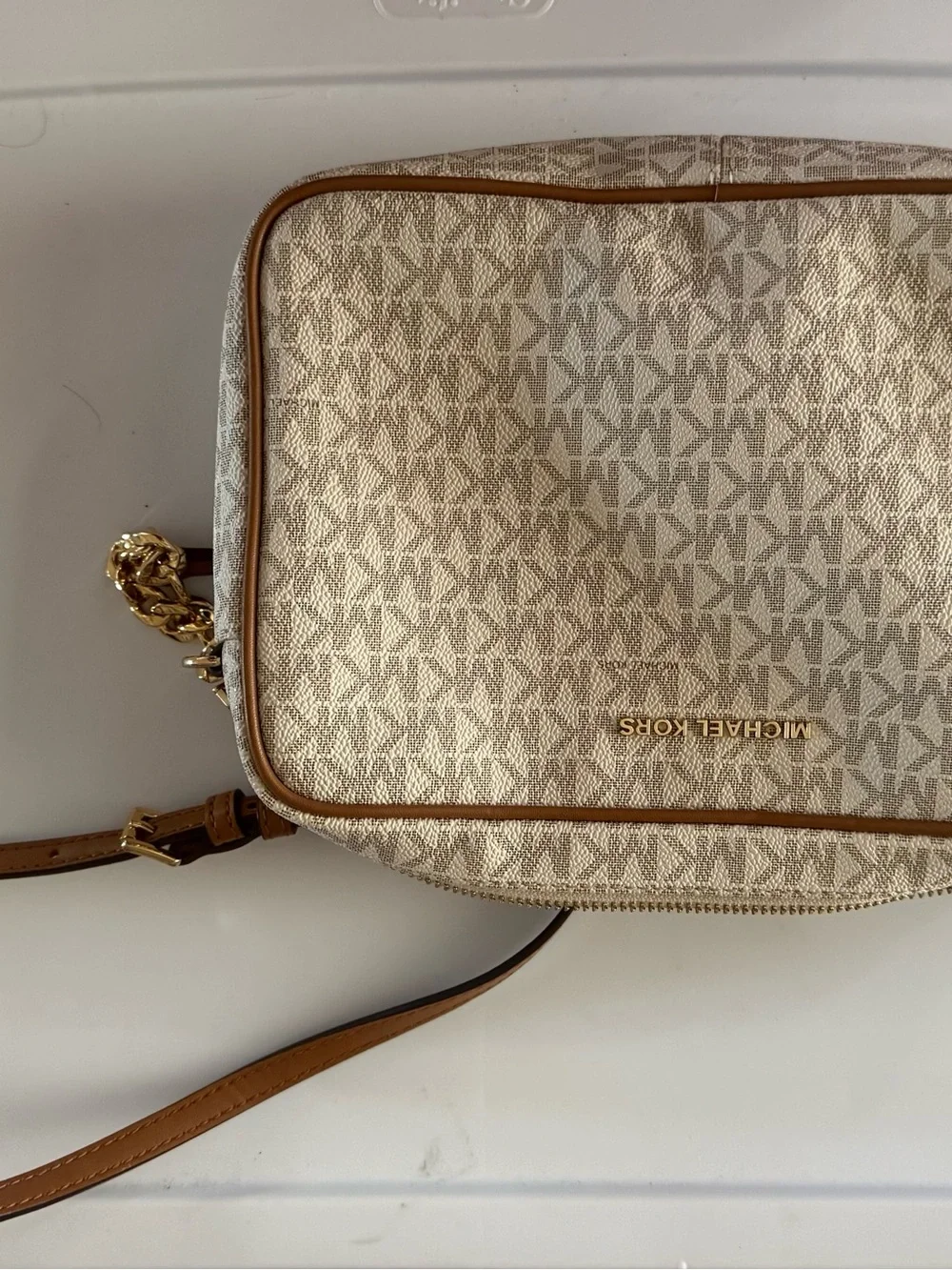 Michael Kors Beige Monogram Crossbody with Tan Trim